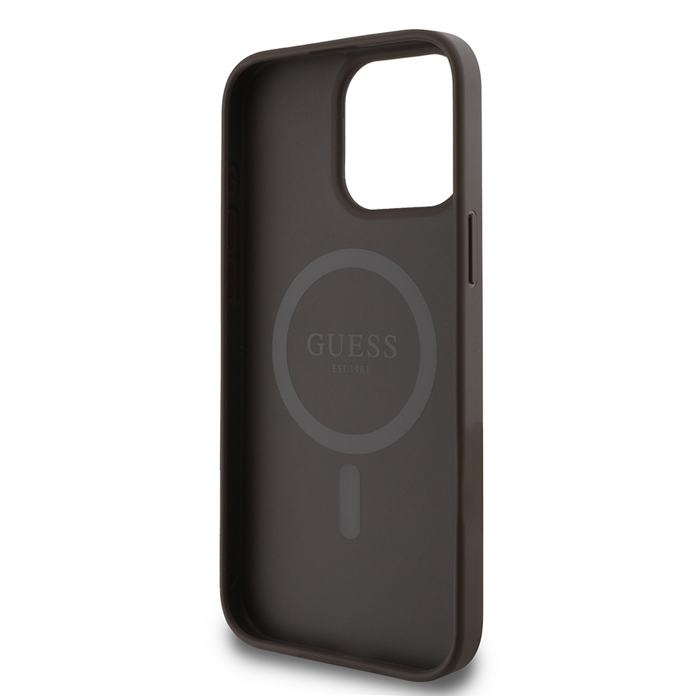 Apple iPhone 15 Pro Max Kılıf Guess Orjinal Lisanslı M-safe Şarj Özellikli 4G Desen Yazı Logolu Kapak