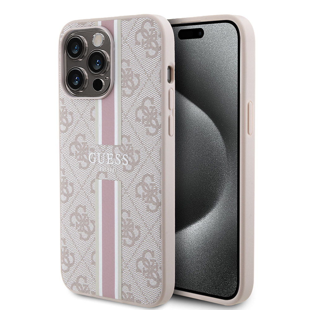Apple iPhone 15 Pro Max Kılıf Guess Orjinal Lisanslı M-safe Şarj Özellikli 4G Şerit Tasarımlı Printed Kapak