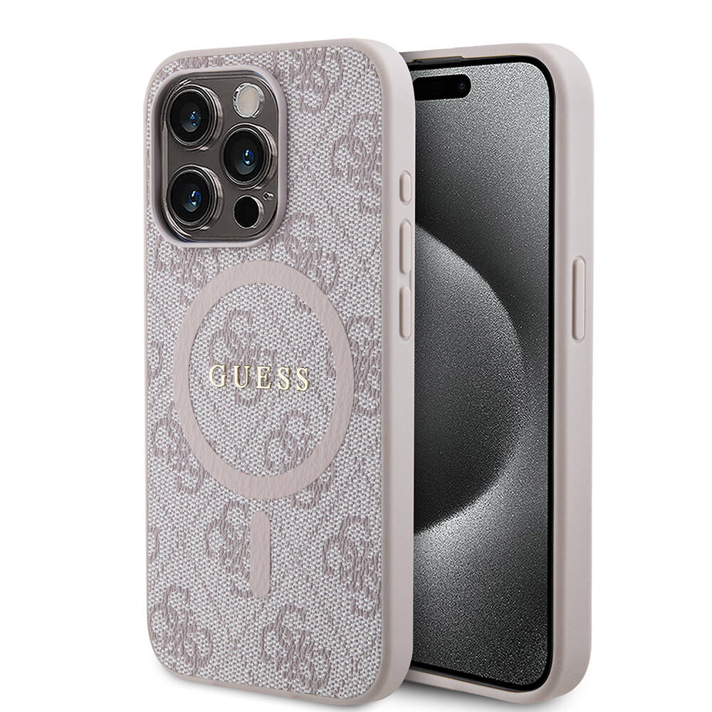 Apple iPhone 15 Pro Max Kılıf Guess Orjinal Lisanslı M-safe Şarj Özellikli PU Halkalı 4G Desenli Yazı Logolu Kapak