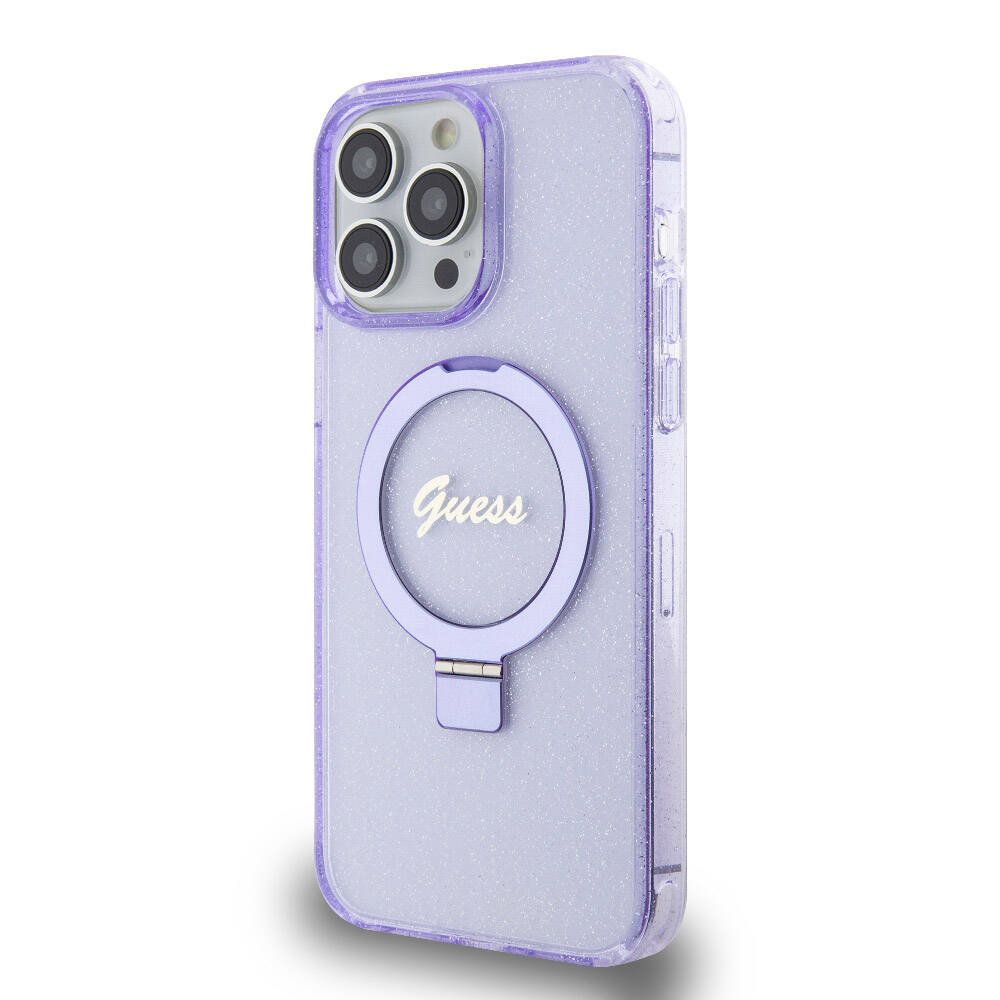 Apple iPhone 15 Pro Max Kılıf Guess Orjinal Lisanslı M-safe Şarj Özellikli Simli Arka Yüzey Ring Standlı Kapak - Görsel 2