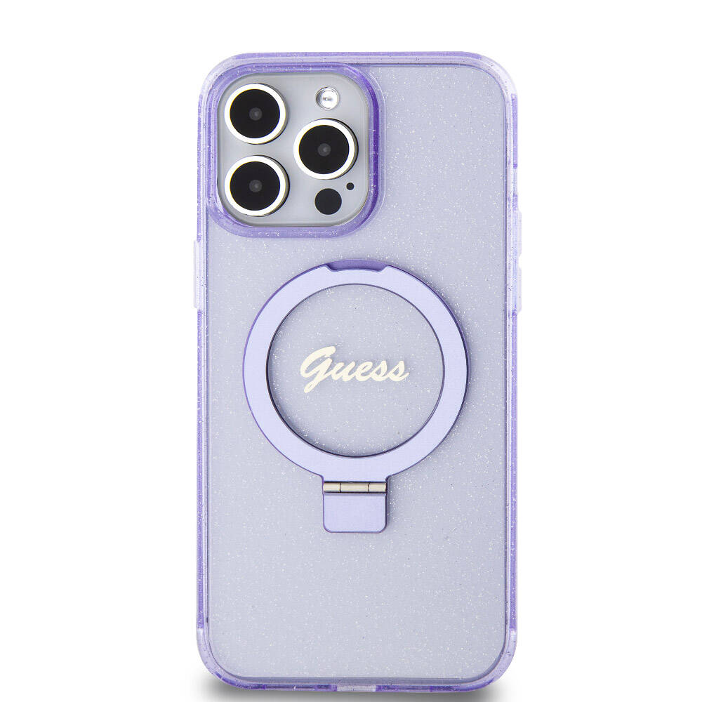 Apple iPhone 15 Pro Max Kılıf Guess Orjinal Lisanslı M-safe Şarj Özellikli Simli Arka Yüzey Ring Standlı Kapak - Görsel 3