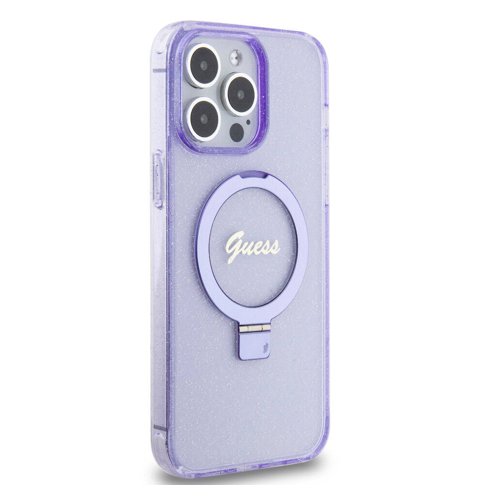 Apple iPhone 15 Pro Max Kılıf Guess Orjinal Lisanslı M-safe Şarj Özellikli Simli Arka Yüzey Ring Standlı Kapak - Görsel 4