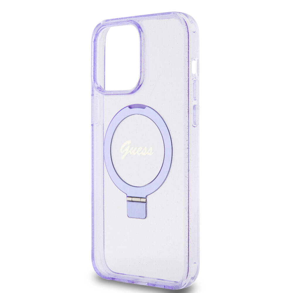 Apple iPhone 15 Pro Max Kılıf Guess Orjinal Lisanslı M-safe Şarj Özellikli Simli Arka Yüzey Ring Standlı Kapak - Görsel 6