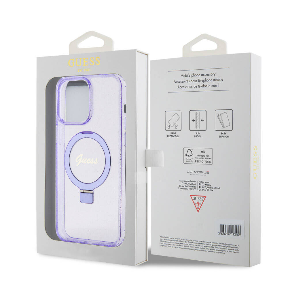 Apple iPhone 15 Pro Max Kılıf Guess Orjinal Lisanslı M-safe Şarj Özellikli Simli Arka Yüzey Ring Standlı Kapak - Görsel 8