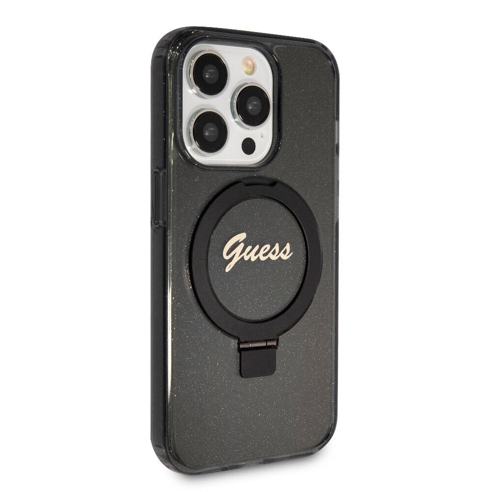 Apple iPhone 15 Pro Max Kılıf Guess Orjinal Lisanslı M-safe Şarj Özellikli Simli Arka Yüzey Ring Standlı Kapak - Görsel 11