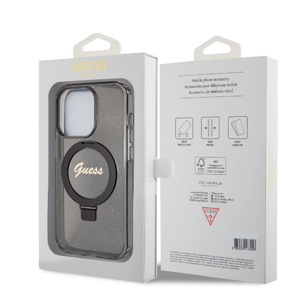 Apple iPhone 15 Pro Max Kılıf Guess Orjinal Lisanslı M-safe Şarj Özellikli Simli Arka Yüzey Ring Standlı Kapak - Görsel 15