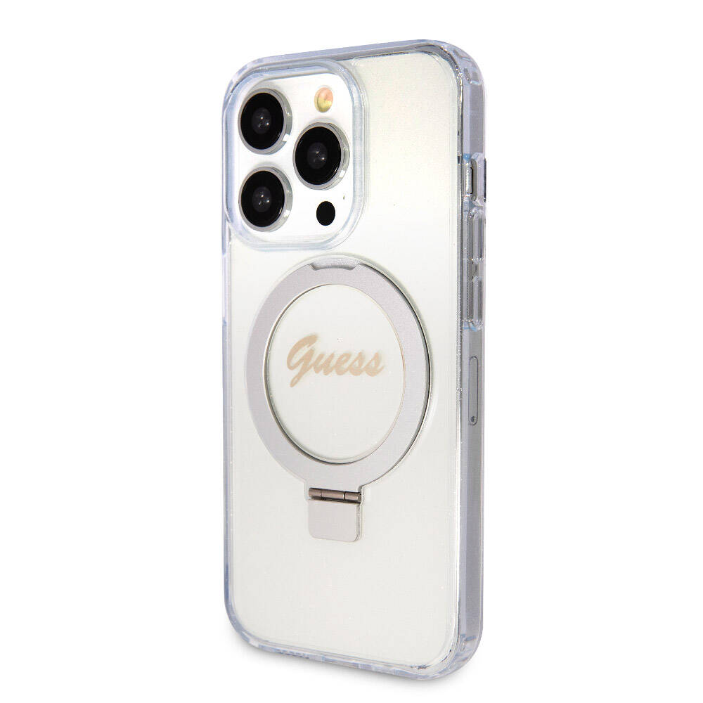Apple iPhone 15 Pro Max Kılıf Guess Orjinal Lisanslı M-safe Şarj Özellikli Simli Arka Yüzey Ring Standlı Kapak - Görsel 16