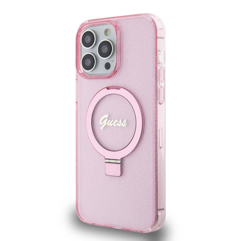 Apple iPhone 15 Pro Max Kılıf Guess Orjinal Lisanslı M-safe Şarj Özellikli Simli Arka Yüzey Ring Standlı Kapak - Görsel 23
