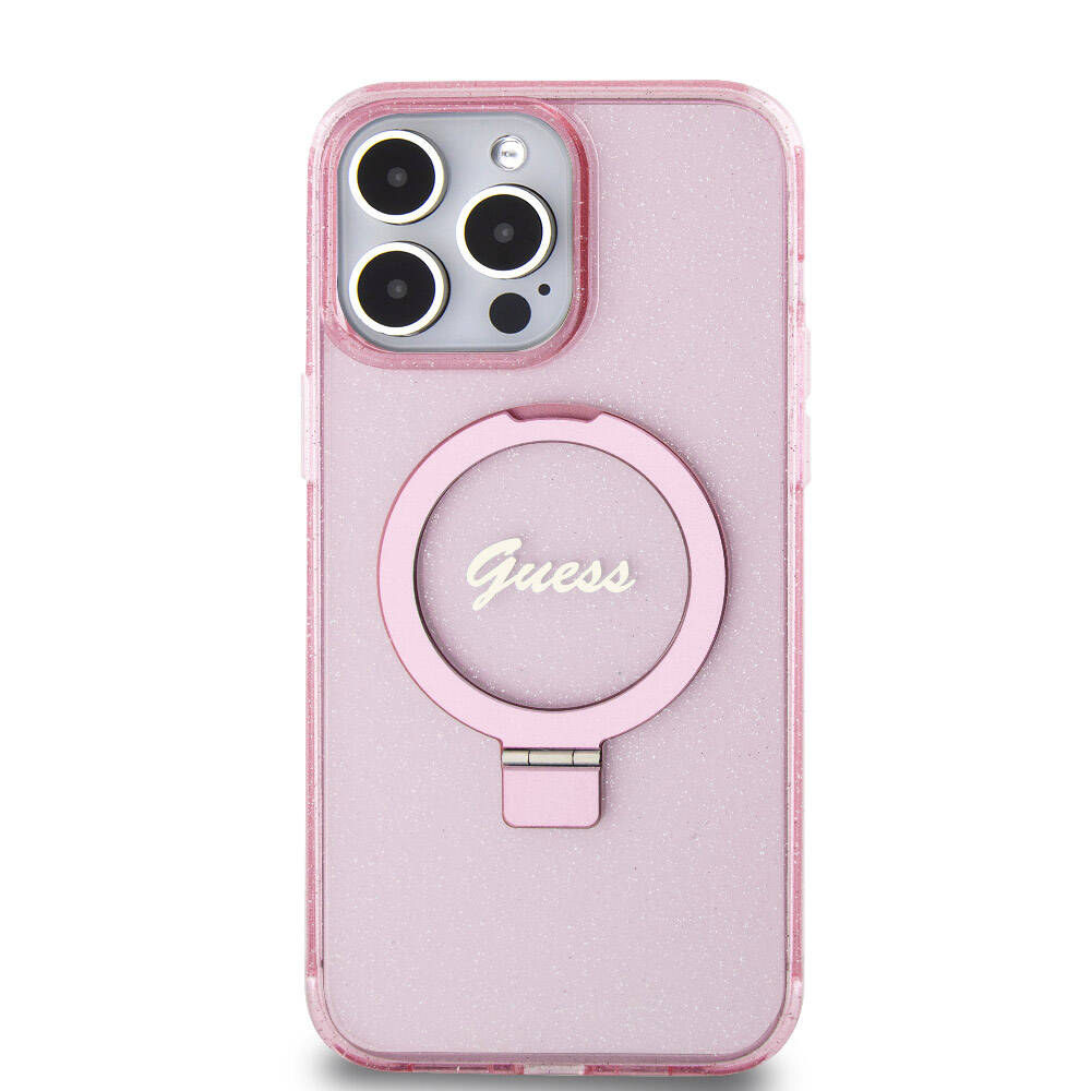 Apple iPhone 15 Pro Max Kılıf Guess Orjinal Lisanslı M-safe Şarj Özellikli Simli Arka Yüzey Ring Standlı Kapak - Görsel 24