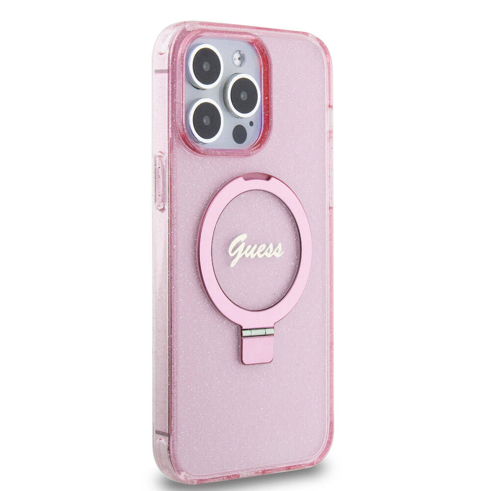 Apple iPhone 15 Pro Max Kılıf Guess Orjinal Lisanslı M-safe Şarj Özellikli Simli Arka Yüzey Ring Standlı Kapak - Görsel 25