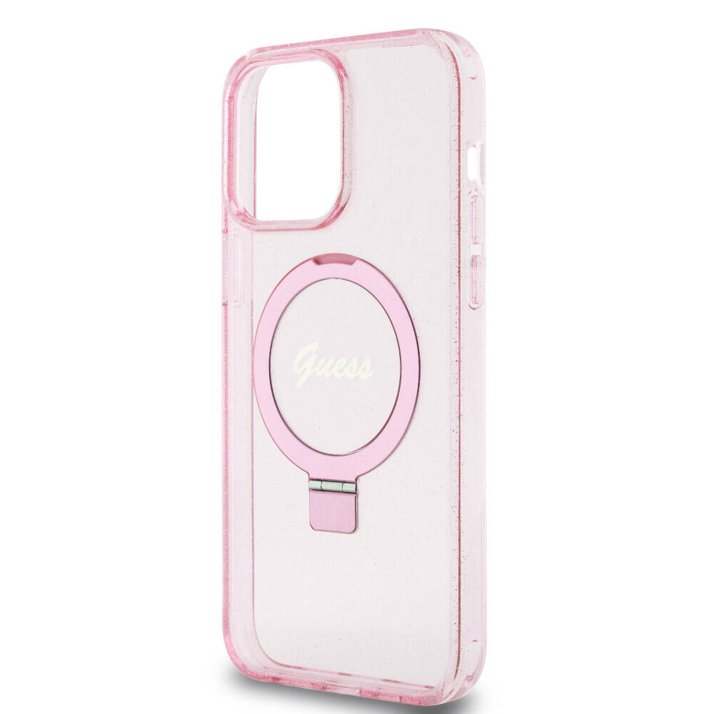Apple iPhone 15 Pro Max Kılıf Guess Orjinal Lisanslı M-safe Şarj Özellikli Simli Arka Yüzey Ring Standlı Kapak - Görsel 27