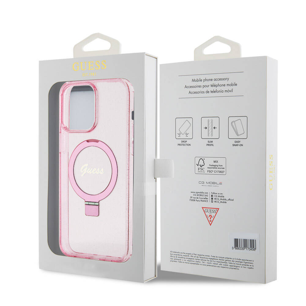 Apple iPhone 15 Pro Max Kılıf Guess Orjinal Lisanslı M-safe Şarj Özellikli Simli Arka Yüzey Ring Standlı Kapak - Görsel 29