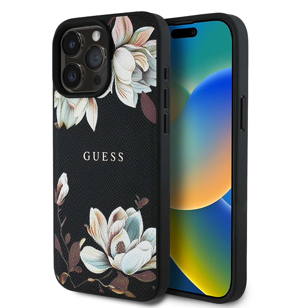 Apple iPhone 15 Pro Max Kılıf Guess Orjinal Lisanslı M-safe Şarj Özellikli Taneli Çiçek Tasarımlı Metal Yazı Logolu Kapak - Görsel 7