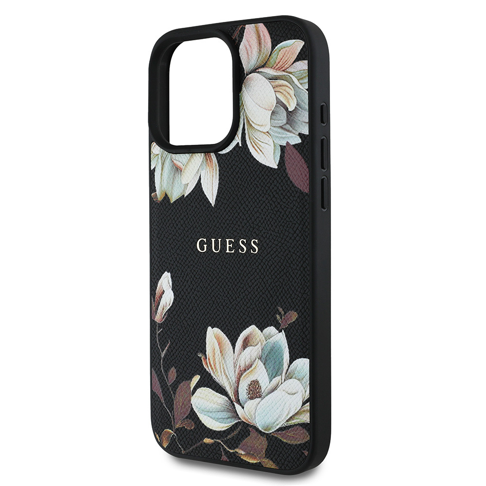 Apple iPhone 15 Pro Max Kılıf Guess Orjinal Lisanslı M-safe Şarj Özellikli Taneli Çiçek Tasarımlı Metal Yazı Logolu Kapak - Görsel 4