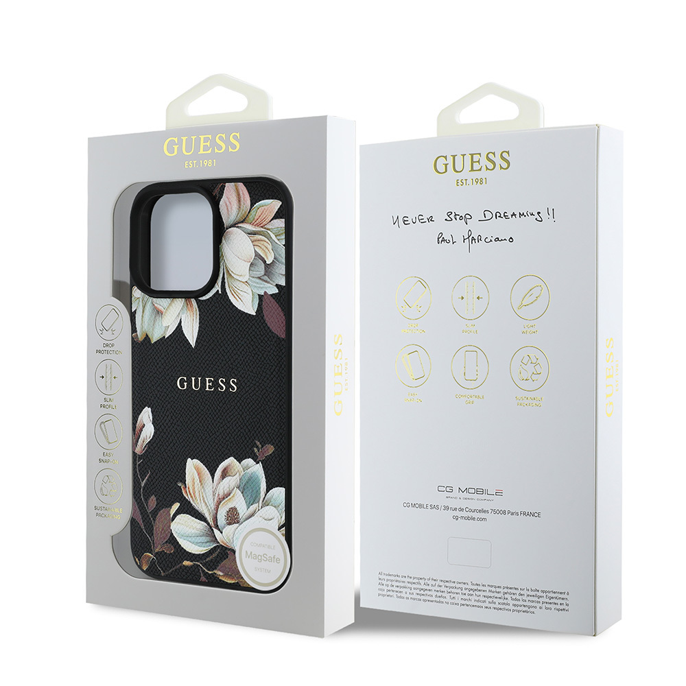 Apple iPhone 15 Pro Max Kılıf Guess Orjinal Lisanslı M-safe Şarj Özellikli Taneli Çiçek Tasarımlı Metal Yazı Logolu Kapak - Görsel 8