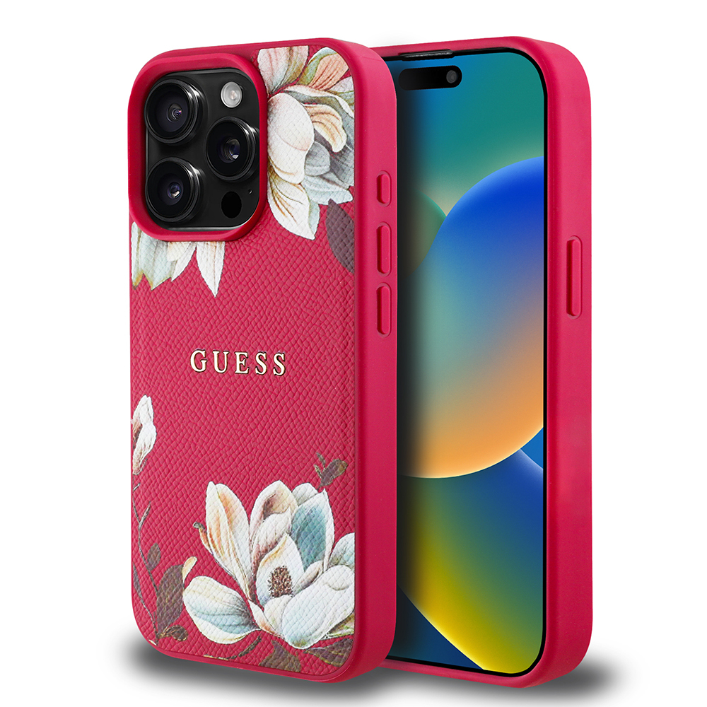 Apple iPhone 15 Pro Max Kılıf Guess Orjinal Lisanslı M-safe Şarj Özellikli Taneli Çiçek Tasarımlı Metal Yazı Logolu Kapak - Görsel 9