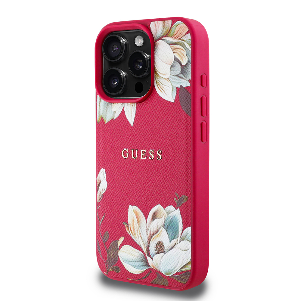 Apple iPhone 15 Pro Max Kılıf Guess Orjinal Lisanslı M-safe Şarj Özellikli Taneli Çiçek Tasarımlı Metal Yazı Logolu Kapak - Görsel 10