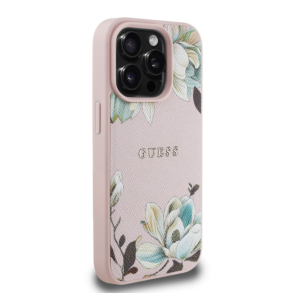 Apple iPhone 15 Pro Max Kılıf Guess Orjinal Lisanslı M-safe Şarj Özellikli Taneli Çiçek Tasarımlı Metal Yazı Logolu Kapak - Görsel 18