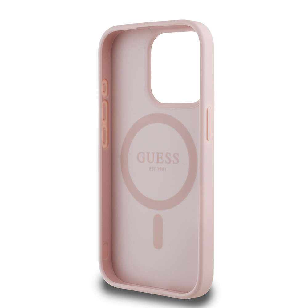 Apple iPhone 15 Pro Max Kılıf Guess Orjinal Lisanslı M-safe Şarj Özellikli Taneli Çiçek Tasarımlı Metal Yazı Logolu Kapak - Görsel 21
