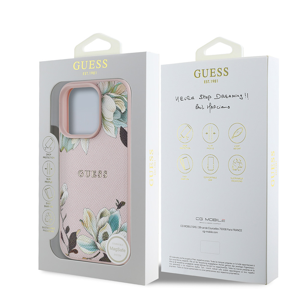 Apple iPhone 15 Pro Max Kılıf Guess Orjinal Lisanslı M-safe Şarj Özellikli Taneli Çiçek Tasarımlı Metal Yazı Logolu Kapak - Görsel 22