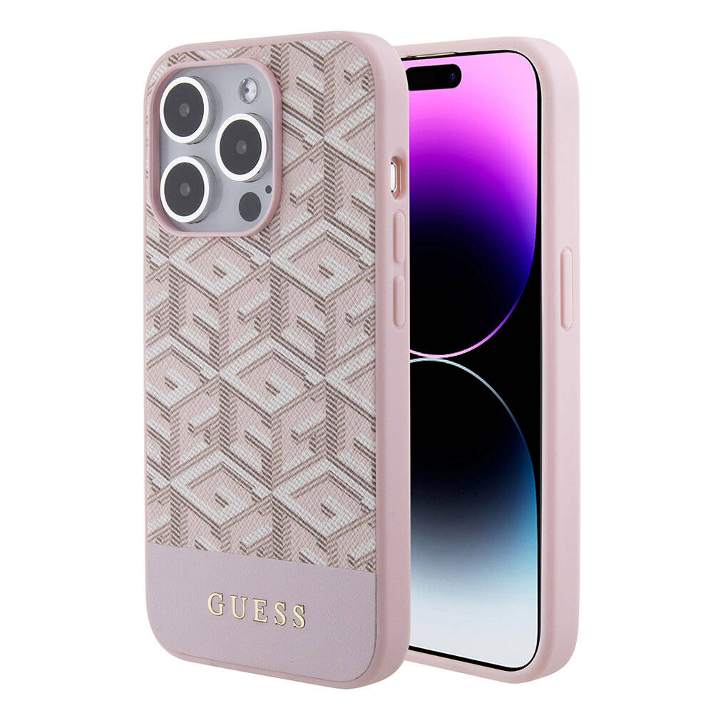 Apple iPhone 15 Pro Max Kılıf Guess Orjinal Lisanslı M-safe Şarj Özellikli Yazı Logolu GCube Desenli Kapak