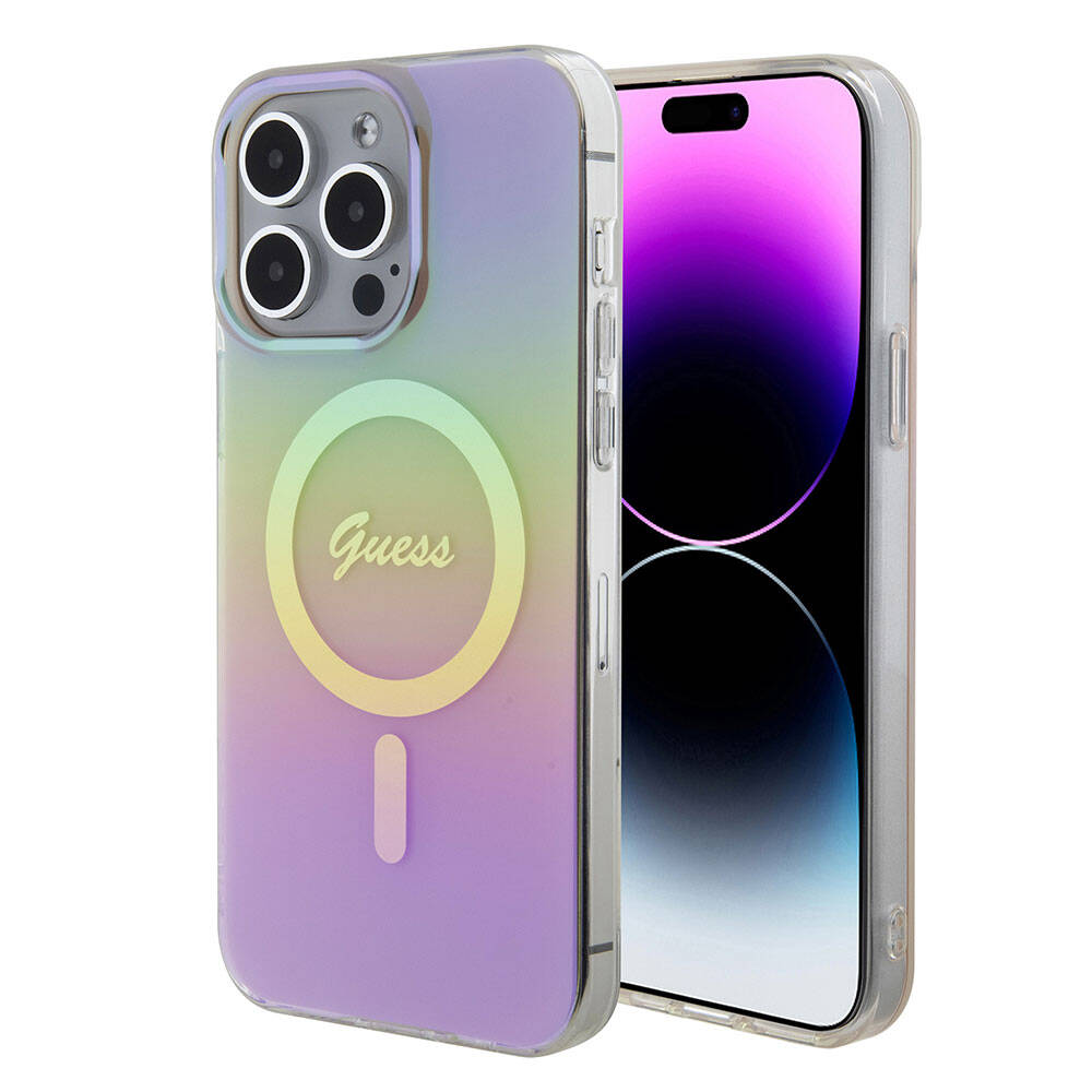 Apple iPhone 15 Pro Max Kılıf Guess Orjinal Lisanslı M-safe Şarj Özellikli Yazı Logolu Iridescent Kapak