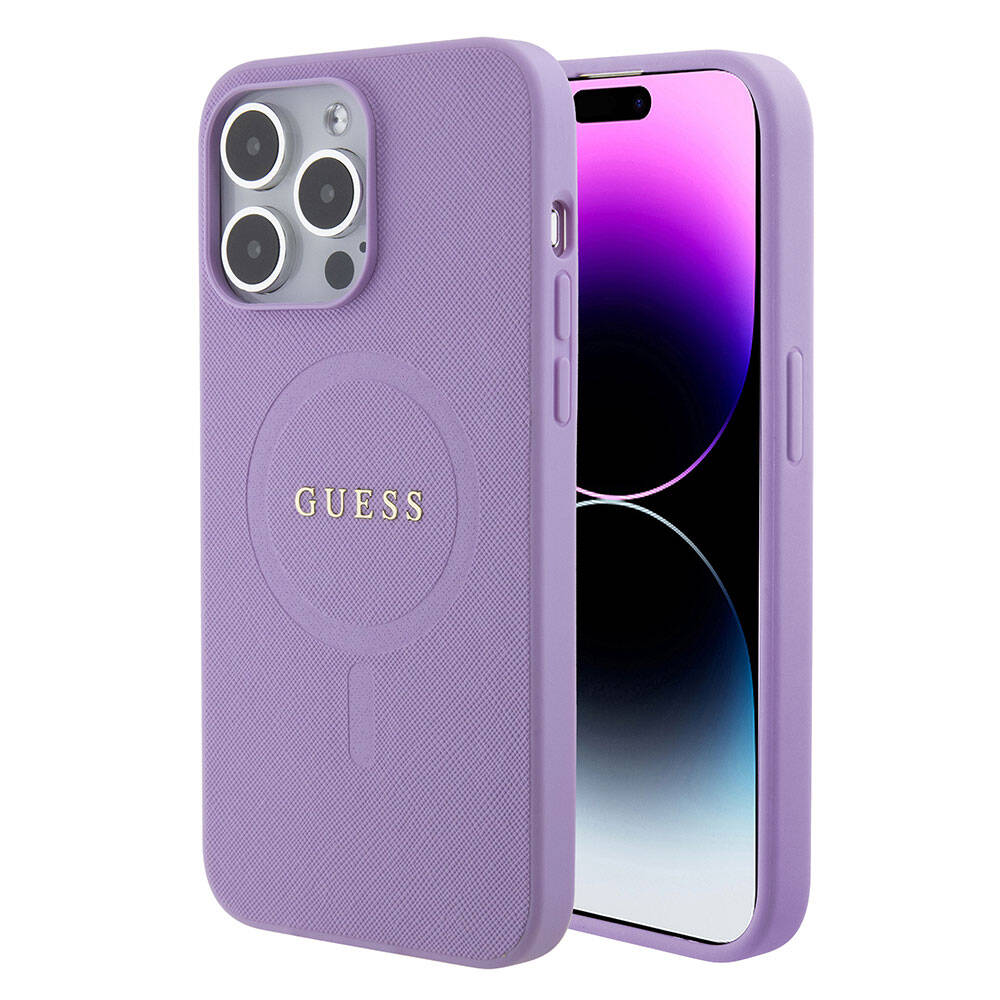 Apple iPhone 15 Pro Max Kılıf Guess Orjinal Lisanslı M-safe Şarj Özellikli Yazı Logolu Saffiano Kapak