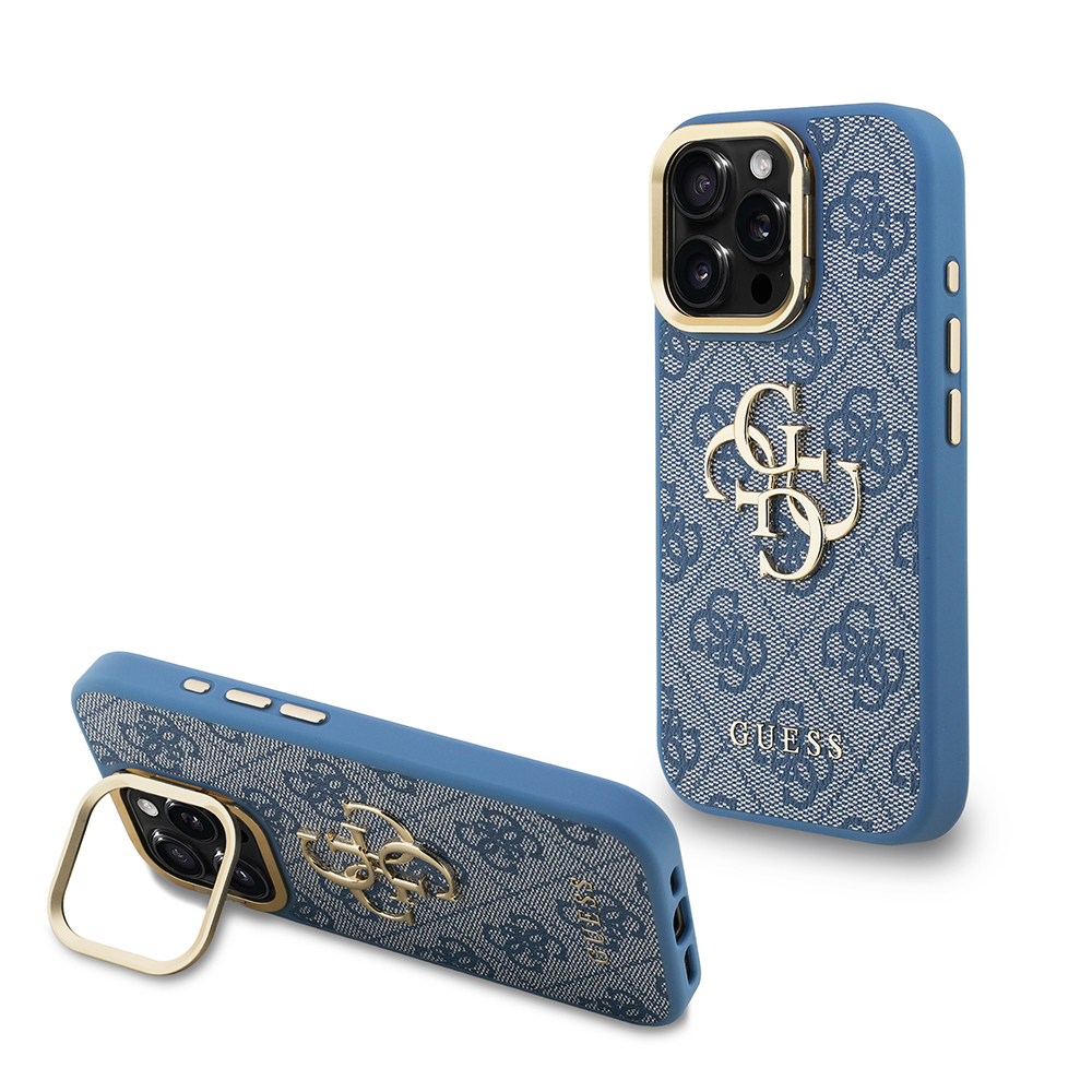 Apple iPhone 15 Pro Max Kılıf Guess Orjinal Lisanslı PU Deri 4G Desenli Metal Büyük 4G ve Yazı Logolu Kamera Standlı Kapak