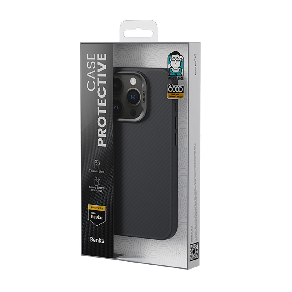 Apple iPhone 15 Pro Max Kılıf Karbon Fiber M-safe Şarj Özellikli Benks Hybrid ArmorPro 600D Kevlar Kapak