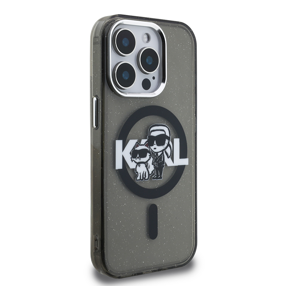 Apple iPhone 15 Pro Max Kılıf Karl Lagerfeld Orjinal Lisanslı Parlayan Simli Karl & Choupette Sketch Logo Kapak