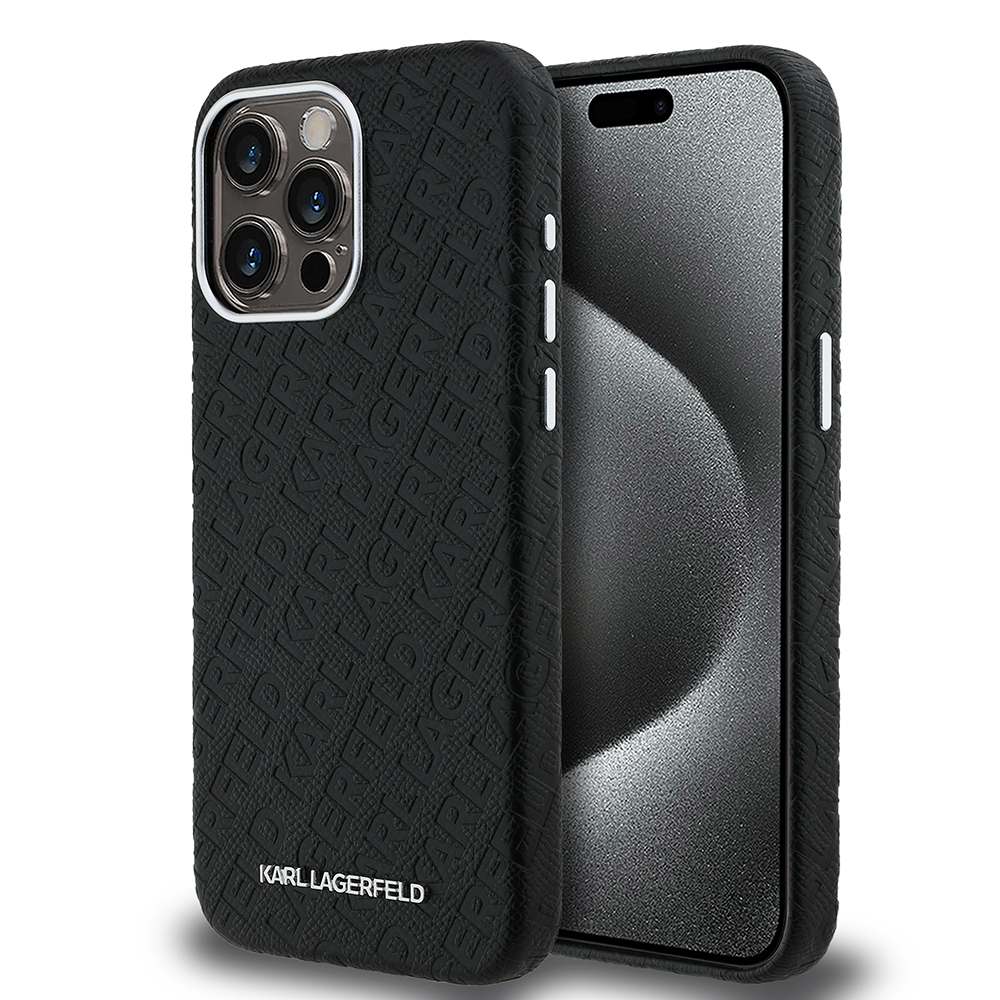 Apple iPhone 15 Pro Max Kılıf Karl Lagerfeld Orjinal Lisanslı PU Deri Damgalı Metal Yazı Logolu Kapak