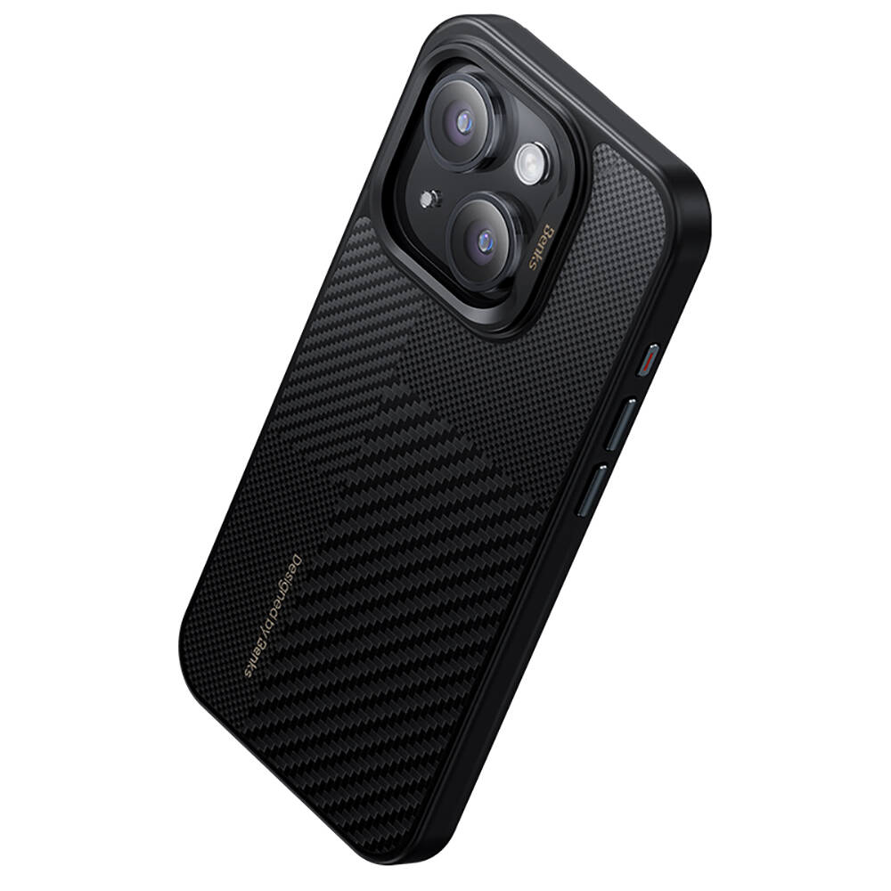 Apple iPhone 15 Pro Max Kılıf M-safe Şarj Özellikli Karbon Fiber Benks Montage Hybrid ArmorPro Kevlar Kapak