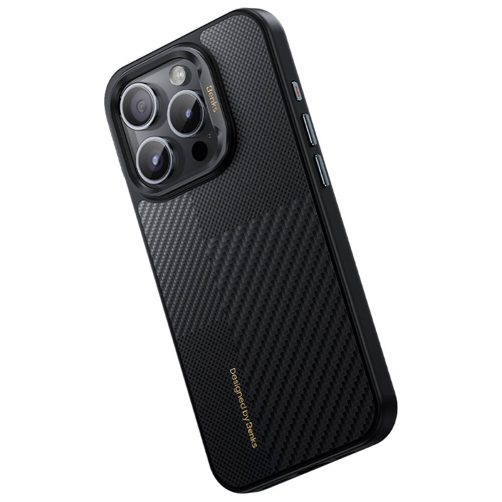Apple iPhone 15 Pro Max Kılıf M-safe Şarj Özellikli Karbon Fiber Benks Montage Hybrid ArmorPro Kevlar Kapak