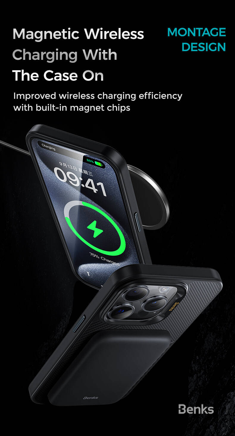 Apple iPhone 15 Pro Max Kılıf M-safe Şarj Özellikli Karbon Fiber Benks Montage Hybrid ArmorPro Kevlar Kapak