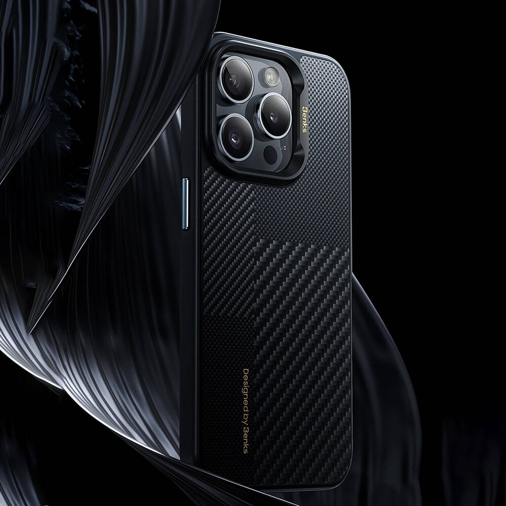 Apple iPhone 15 Pro Max Kılıf M-safe Şarj Özellikli Karbon Fiber Benks Montage Hybrid ArmorPro Kevlar Kapak