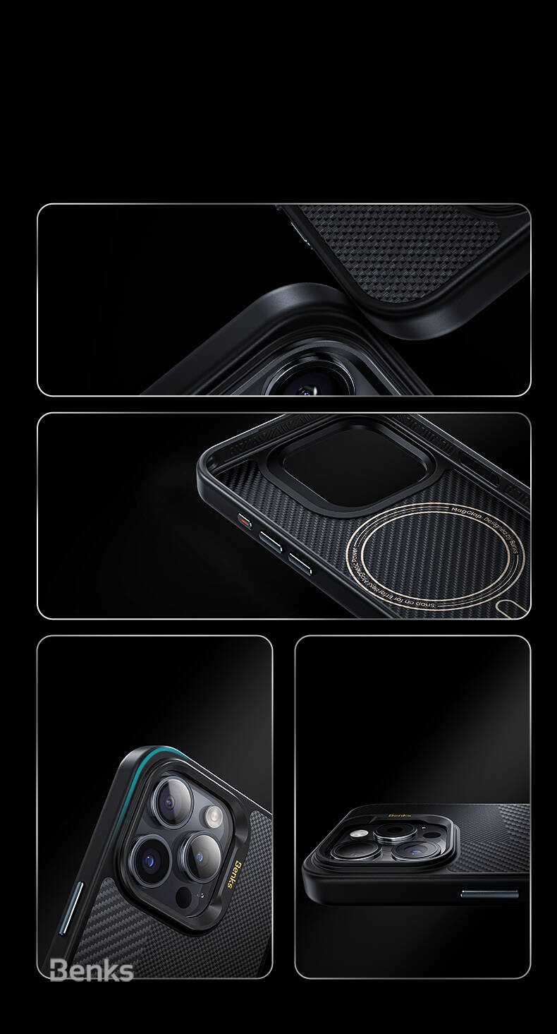 Apple iPhone 15 Pro Max Kılıf M-safe Şarj Özellikli Karbon Fiber Benks Montage Hybrid ArmorPro Kevlar Kapak