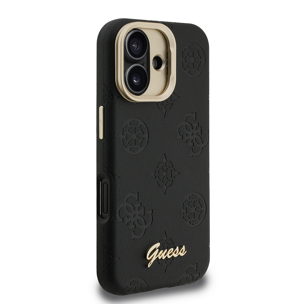 Apple iPhone 16 Kılıf Guess Orjinal Lisanslı M-safe Şarj Özellikli Sıcak Baskılı Yazı Logolu Kamera Standlı PU Deri Peony Kapak