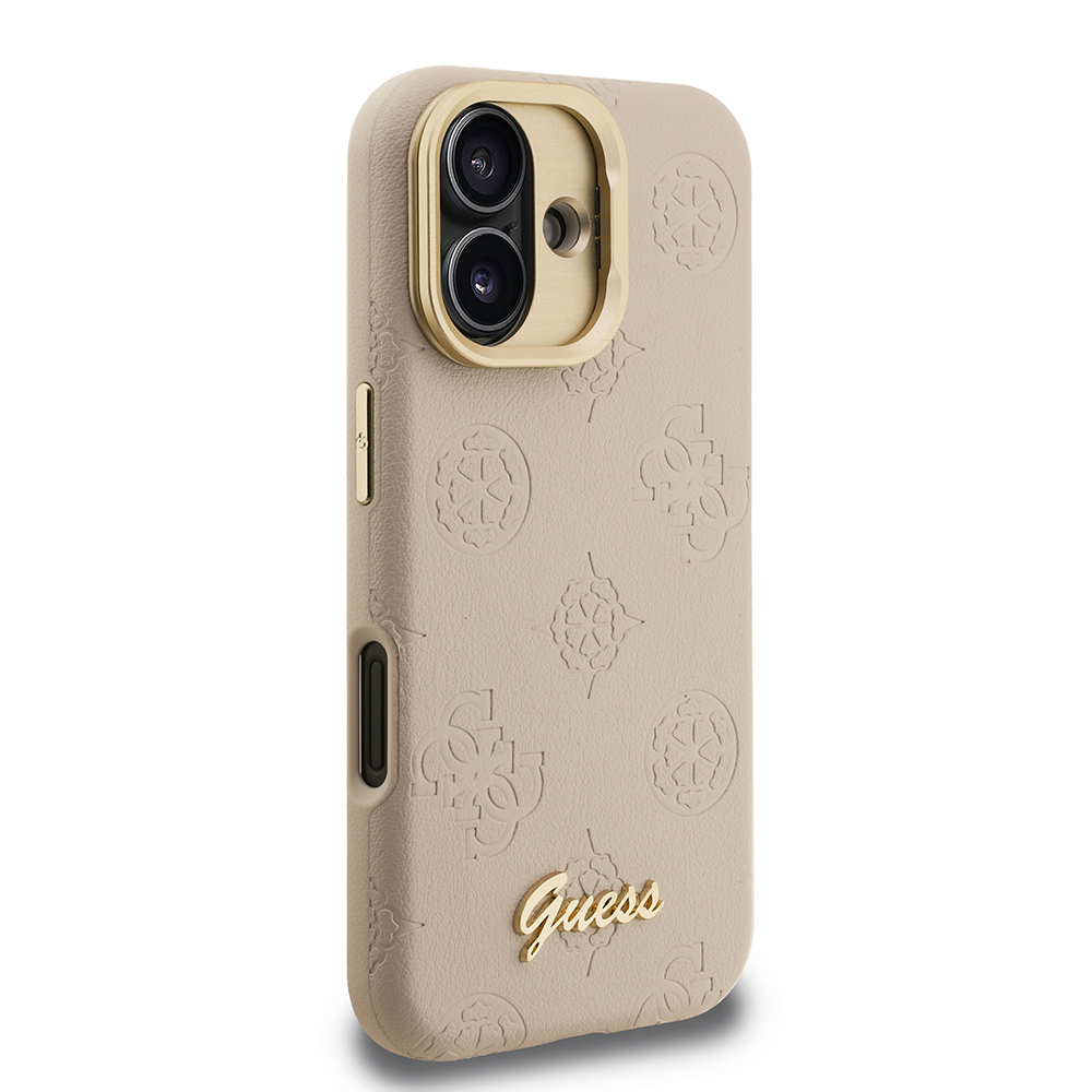 Apple iPhone 16 Kılıf Guess Orjinal Lisanslı M-safe Şarj Özellikli Sıcak Baskılı Yazı Logolu Kamera Standlı PU Deri Peony Kapak