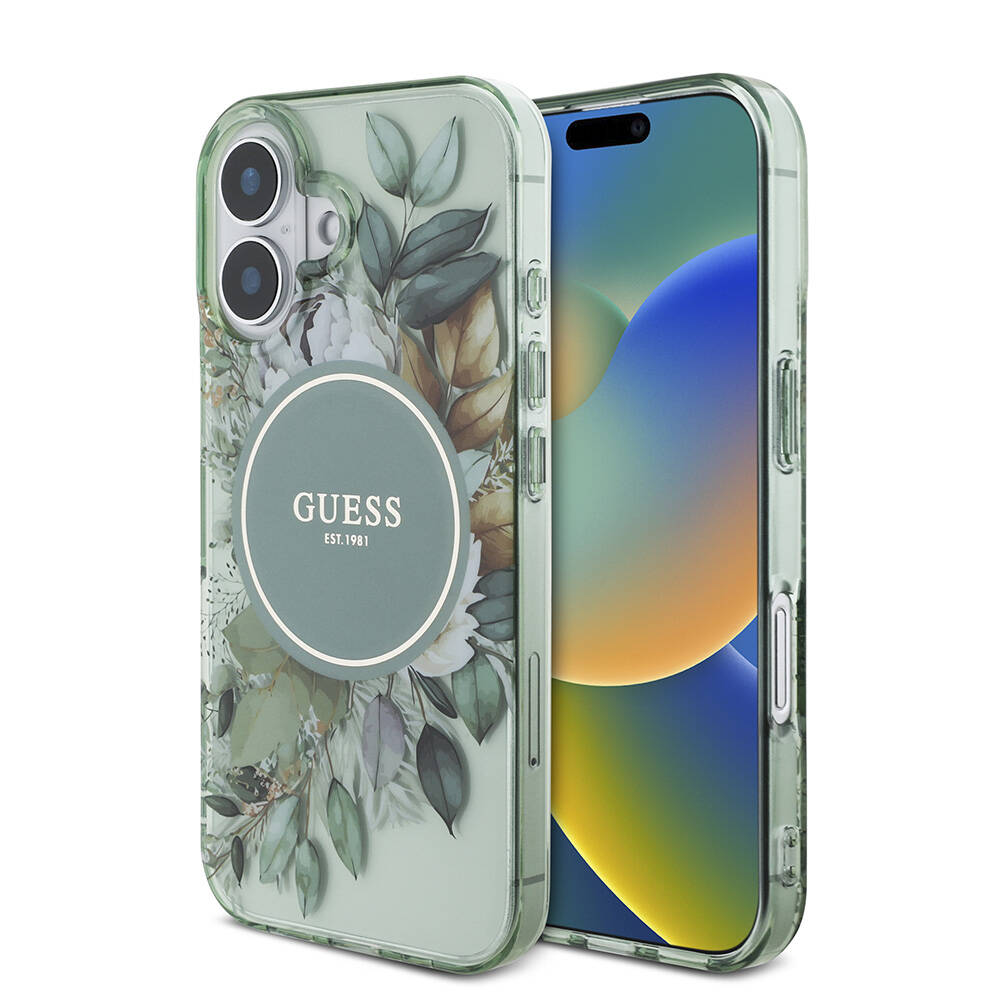 Apple iPhone 16 Kılıf Guess Orjinal Lisanslı M-safe Şarj Özellikli IML Baskılı Çiçek İnci Bileklikli Kapak