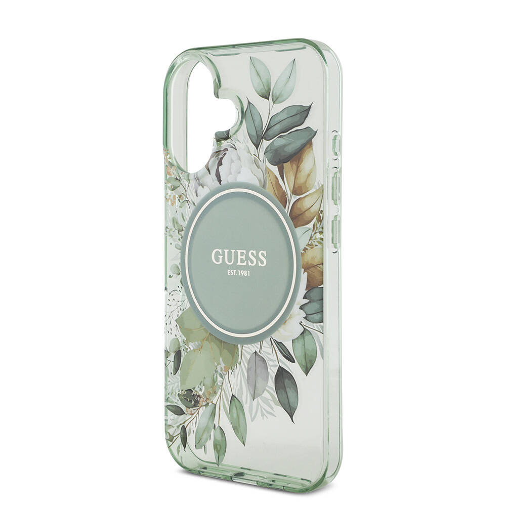 Apple iPhone 16 Kılıf Guess Orjinal Lisanslı M-safe Şarj Özellikli IML Baskılı Çiçek İnci Bileklikli Kapak