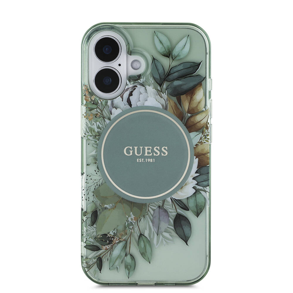 Apple iPhone 16 Kılıf Guess Orjinal Lisanslı M-safe Şarj Özellikli IML Baskılı Çiçek İnci Bileklikli Kapak