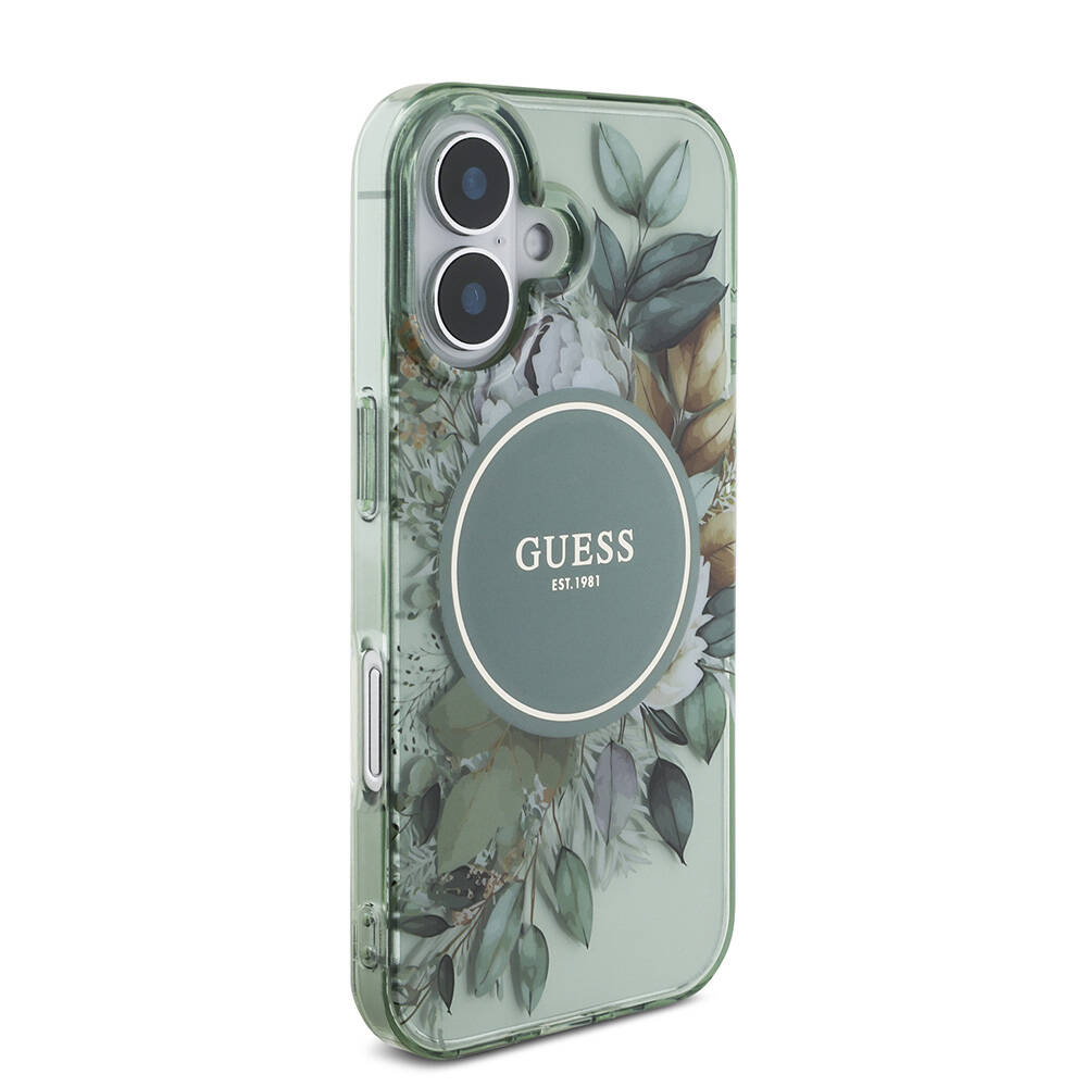 Apple iPhone 16 Kılıf Guess Orjinal Lisanslı M-safe Şarj Özellikli IML Baskılı Çiçek İnci Bileklikli Kapak