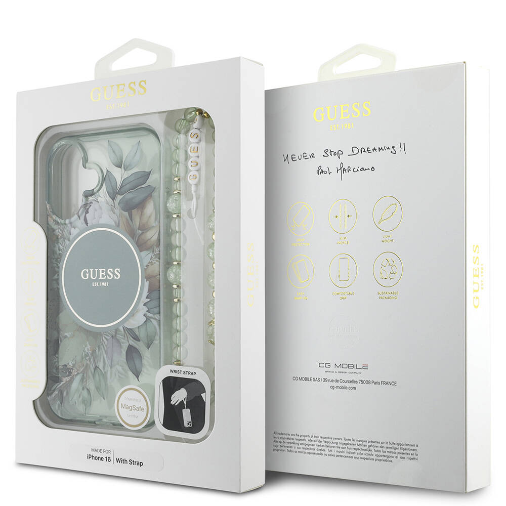 Apple iPhone 16 Kılıf Guess Orjinal Lisanslı M-safe Şarj Özellikli IML Baskılı Çiçek İnci Bileklikli Kapak