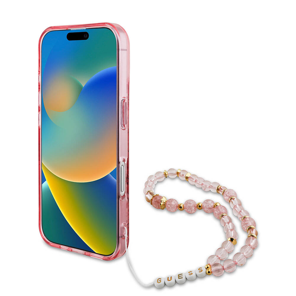 Apple iPhone 16 Kılıf Guess Orjinal Lisanslı M-safe Şarj Özellikli IML Baskılı Çiçek İnci Bileklikli Kapak