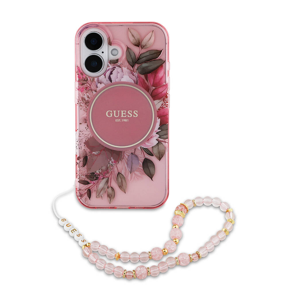 Apple iPhone 16 Kılıf Guess Orjinal Lisanslı M-safe Şarj Özellikli IML Baskılı Çiçek İnci Bileklikli Kapak