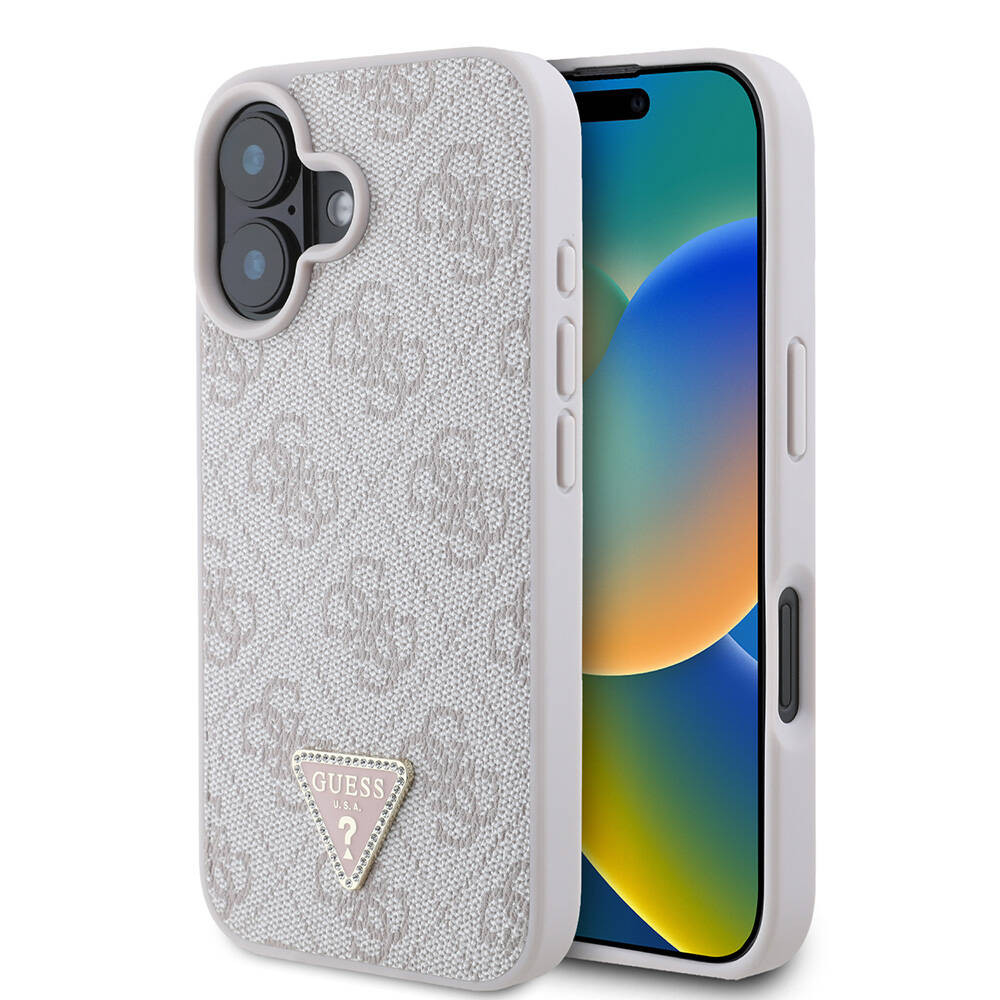 Apple iPhone 16 Kılıf Guess Orjinal Lisanslı M-safe Şarj Özellikli PU Deri 4G Desenli Taşlı Üçgen Logolu Kapak
