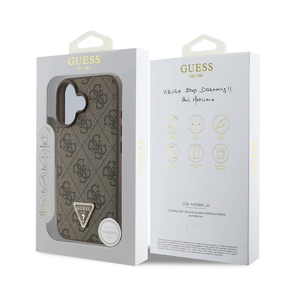 Apple iPhone 16 Kılıf Guess Orjinal Lisanslı M-safe Şarj Özellikli PU Deri 4G Desenli Taşlı Üçgen Logolu Kapak