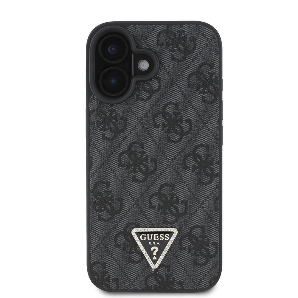 Apple iPhone 16 Kılıf Guess Orjinal Lisanslı M-safe Şarj Özellikli PU Deri 4G Desenli Taşlı Üçgen Logolu Kapak
