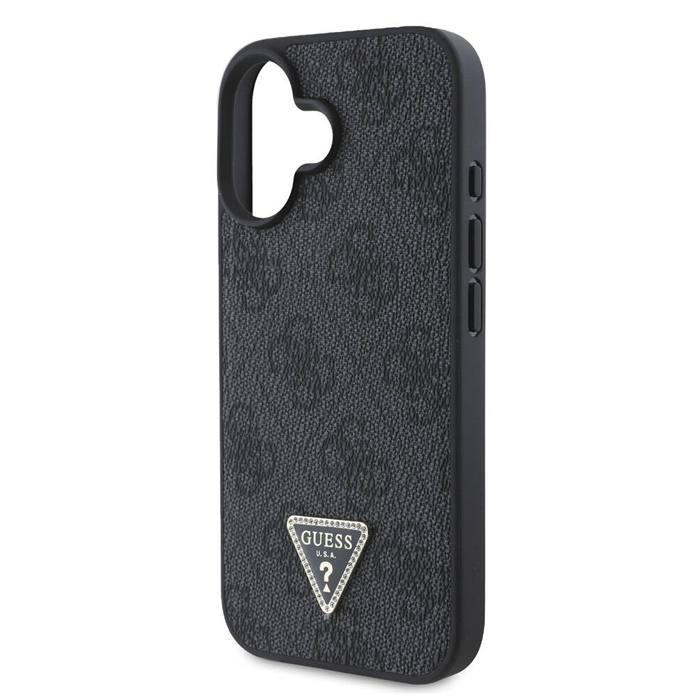 Apple iPhone 16 Kılıf Guess Orjinal Lisanslı M-safe Şarj Özellikli PU Deri 4G Desenli Taşlı Üçgen Logolu Kapak