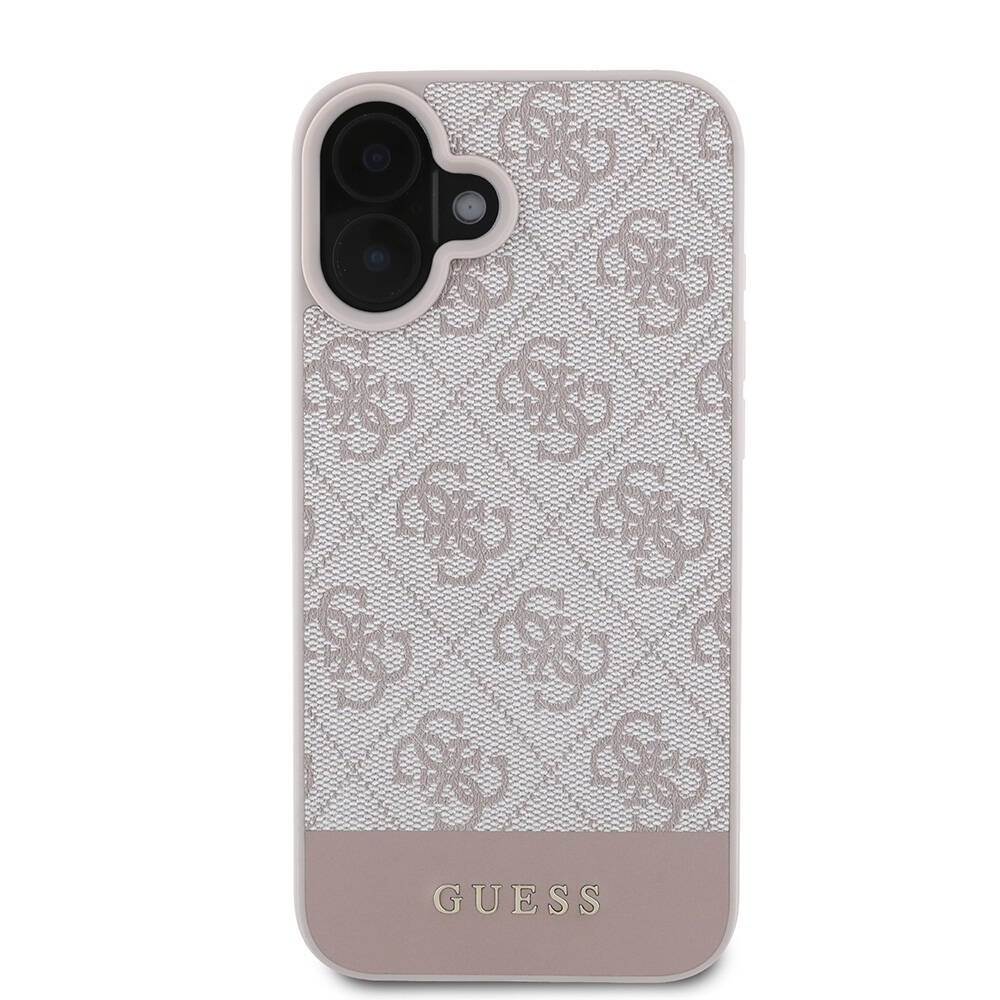 Apple iPhone 16 Kılıf Guess Orjinal Lisanslı M-safe Şarj Özellikli PU Deri Şerit Logo Dizaynlı Kapak